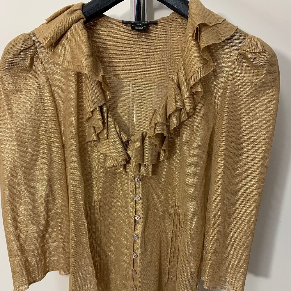 Ralph Lauren Black Label Gold Metallic Cotton Ruffle Blouse Size Small